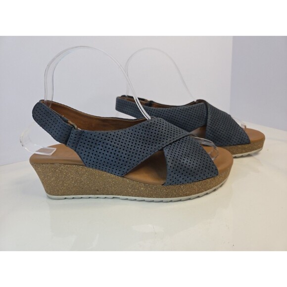 Paul Green Blue Suede Criss Cross Cork Wedge Sandal S 7 US Hook & Loop Close EUC - Picture 2 of 7